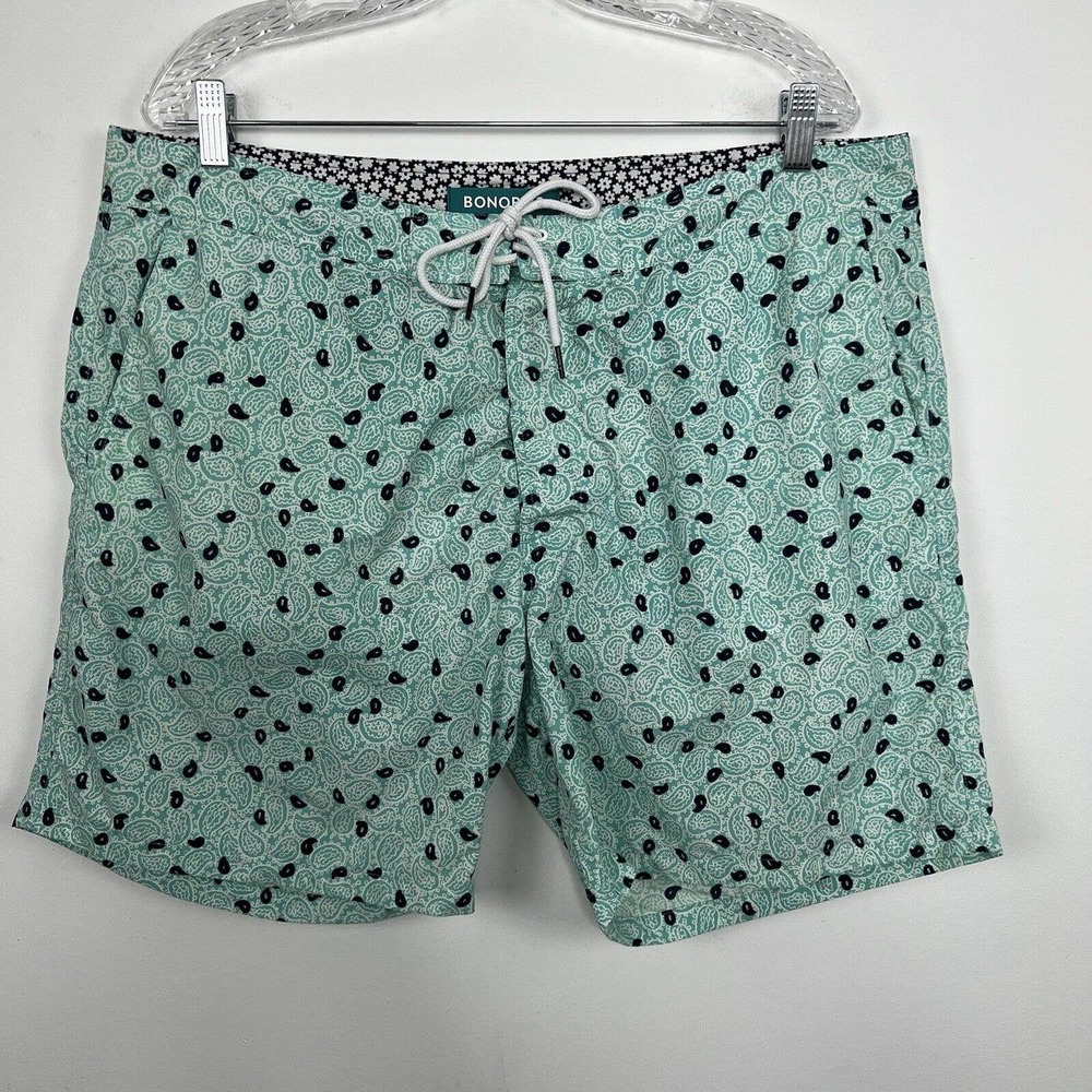 Bonobos Swim Trunks Men's 38 Green Seafoam Paisley Print 7" Inseam W Brief Liner - Picture 3 of 12